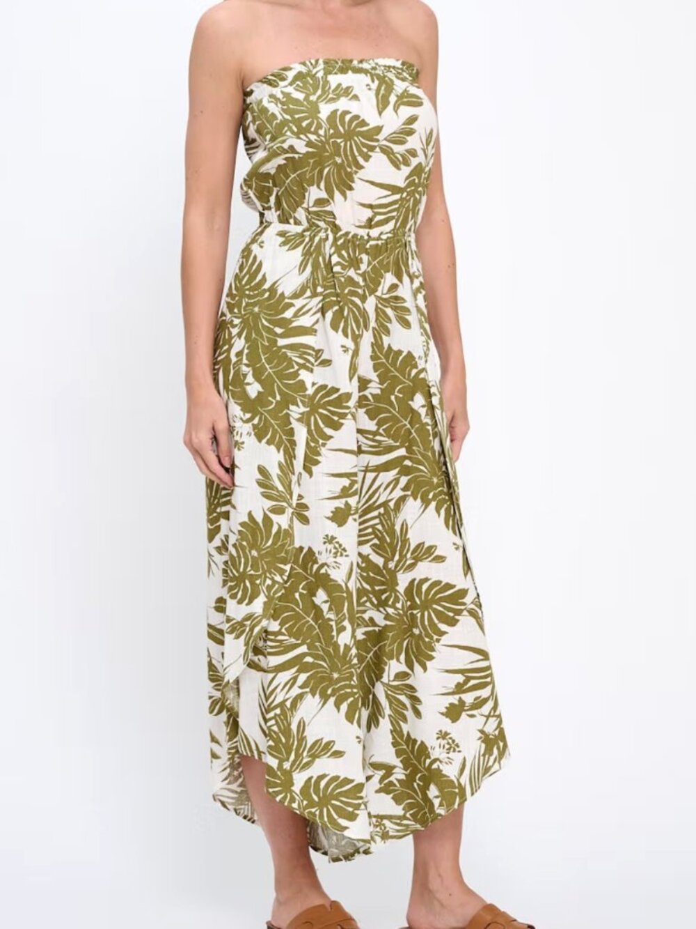 reneec. | Olive Green Tropical Leaf Print Strapless Linen Blend Resort Jumpsuit